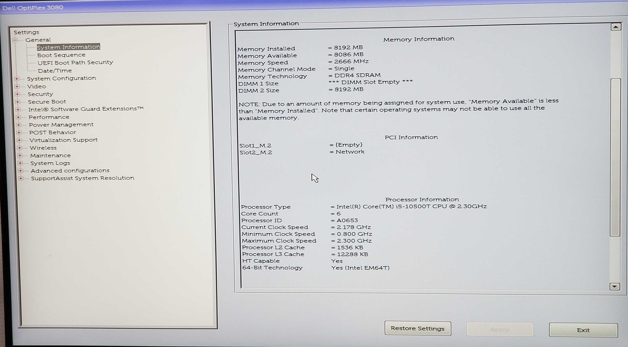Dell OptiPlex 3080 USFF Intel i5 10500T CPU 2.30GHz 8GB RAM - No HDD