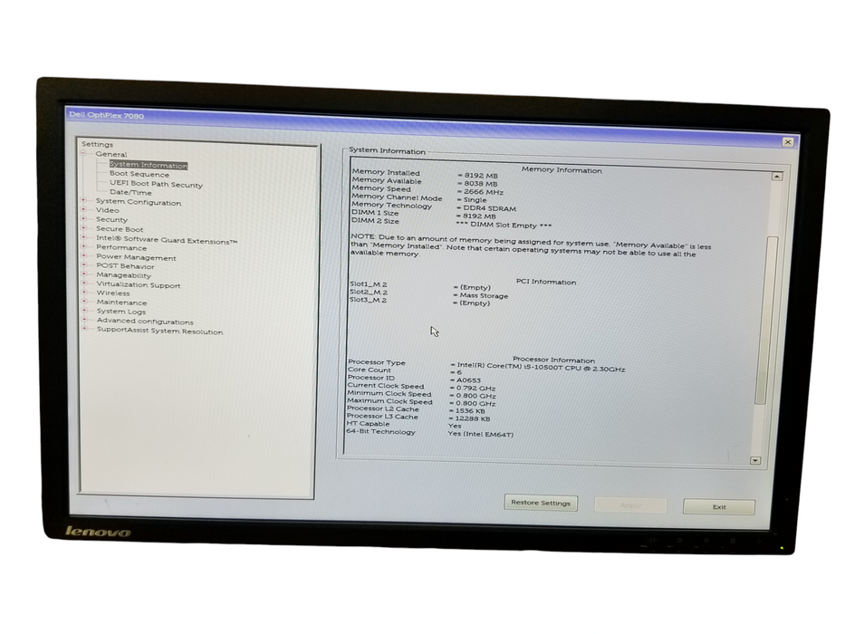 Dell OptiPlex 7080 USFF Intel i5-10500T @2.30GHz 8GB RAM 256GB NVMe