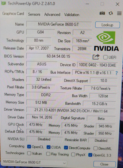 ASUS NVIDIA GeForce 8600GT 512MB PCIE %