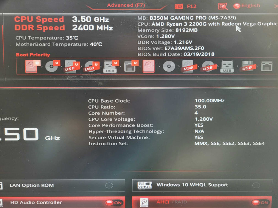 Custom PCI MSI B350M AMD Ryzen 3 2200G 8GB RAM 256GB NVMe !