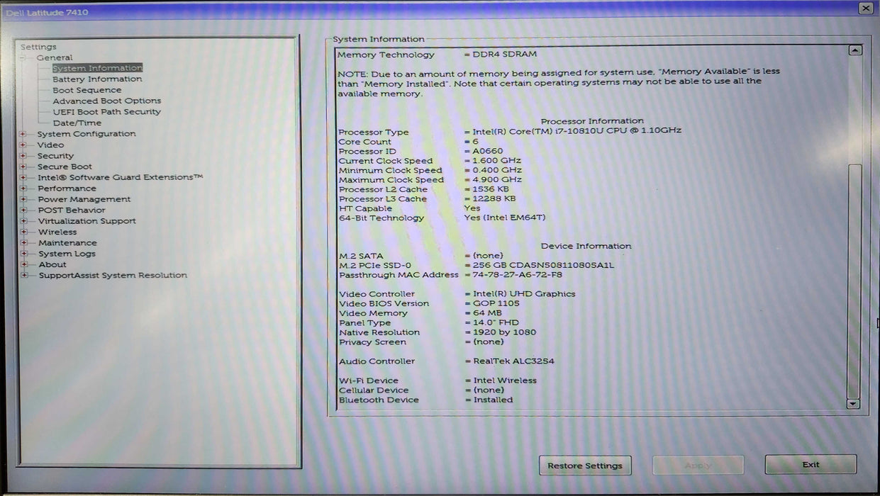 Dell Latitude 7410 i7-10810U, 16GB DDR4, 256GB NVMe, No AC Adapter  Lap200