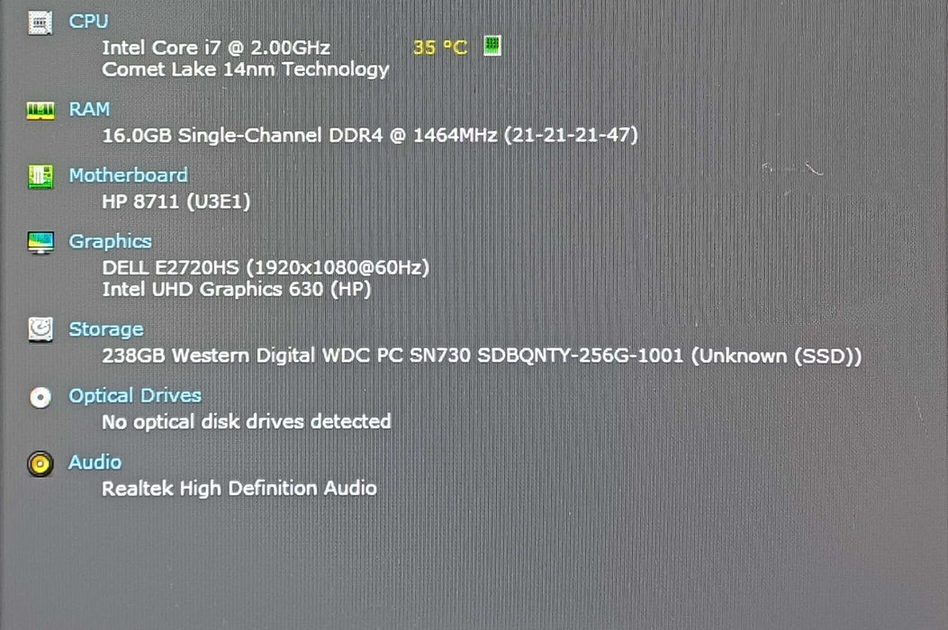 HP EliteDesk 800 G6 USFF, i7-10700T CPU 2.00GHz, 16GB DDR4, 256GB NMVe
