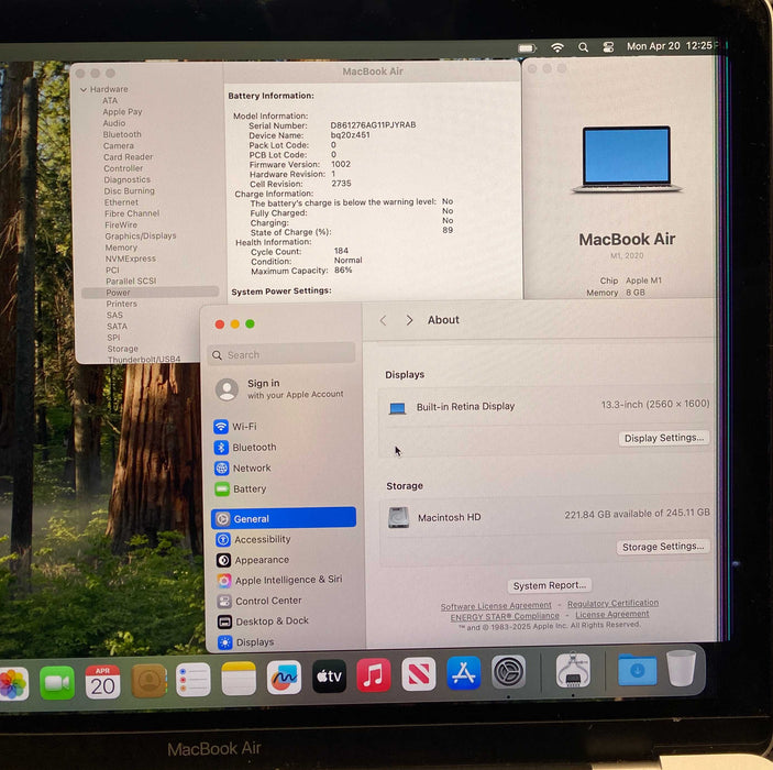 Apple MacBook Air 13" 2020 M1 8GB 256SSD Bad LCD Missing Key For Parts READ