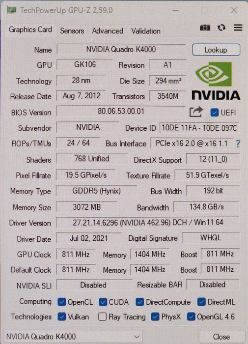 Nvidia Quadro K4000 3GB GDDR5 PCIe Graphics Card, 2x Display and 1x DVI ports