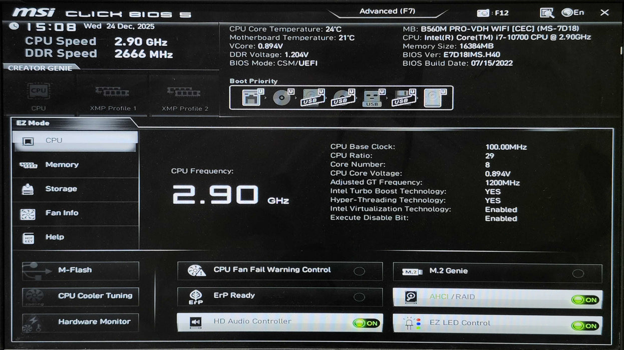 Custom PC, MSI B560M PRO-VDH WIFI, i7-10700 2.90GHz, 16GB DDR4, 256GB NVMe