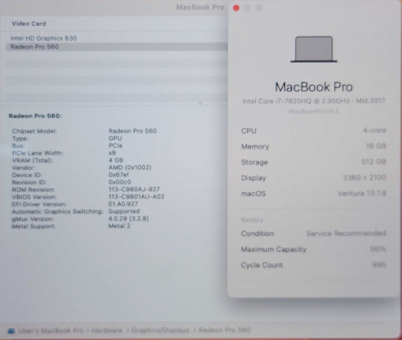 Apple Macbook Pro 2017 4-Core i7-7820HQ @ 2.9GHz 16GB RAM 512GB SSD GPU (