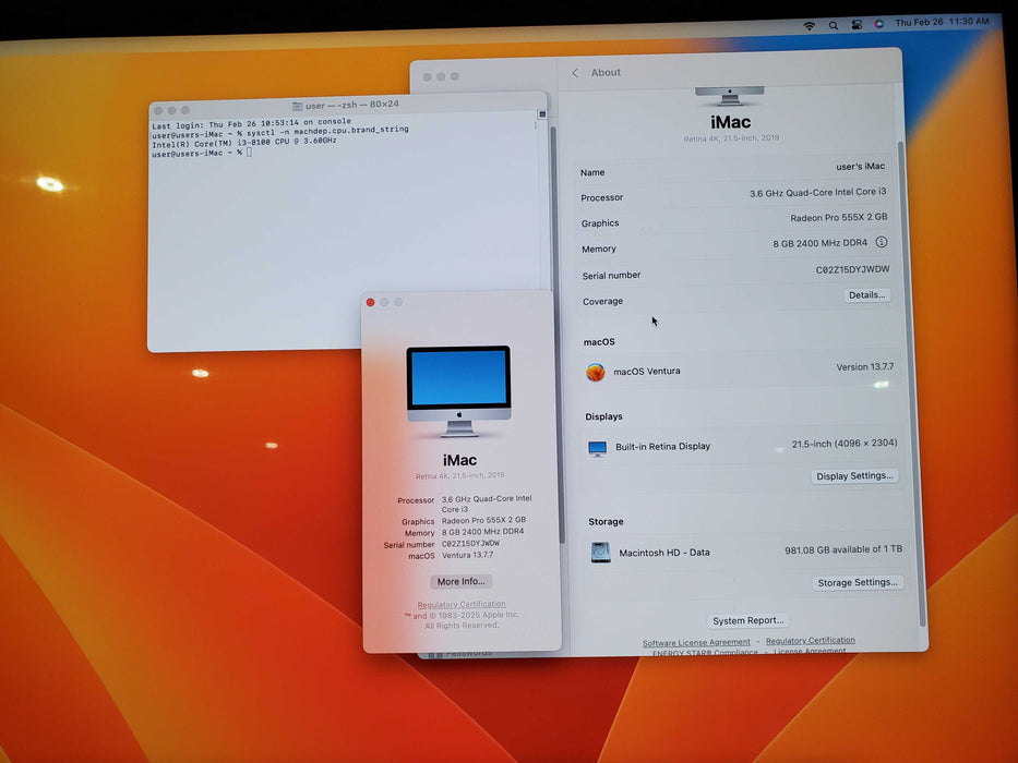 Apple iMac Retina 4K 2019 21.5" A2116, i3-8100 CPU 3.60GHz 8GB RAM 1TB
