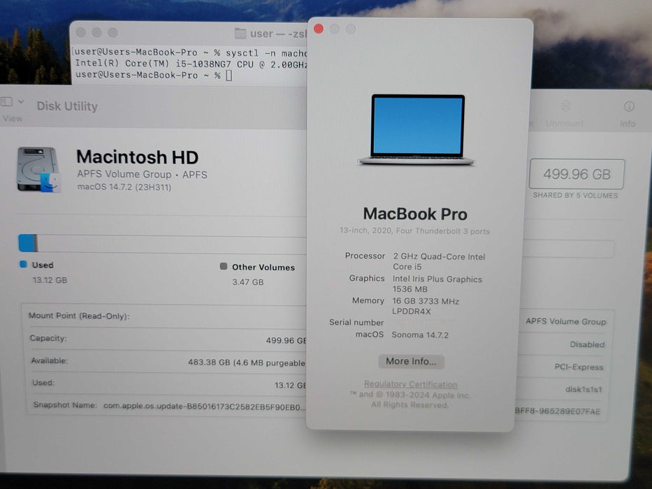 Apple Macbook Pro 2020 13" 4-Core i5-1038NG7 @ 2.0GHz 16GB DDR4 500GB SSD (