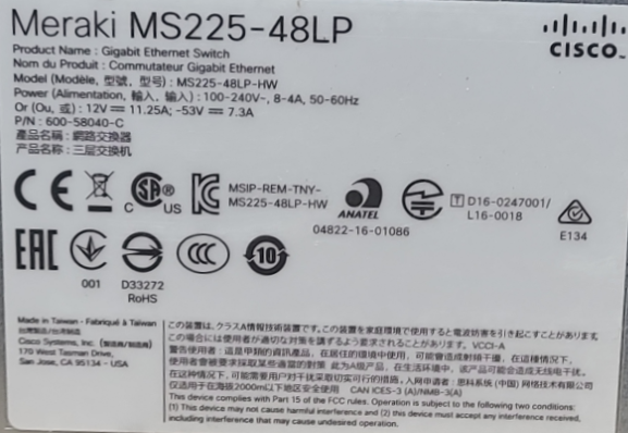 Cisco Meraki MS225-48LP *UNCLAIMED* Gigabit PoE Switch %