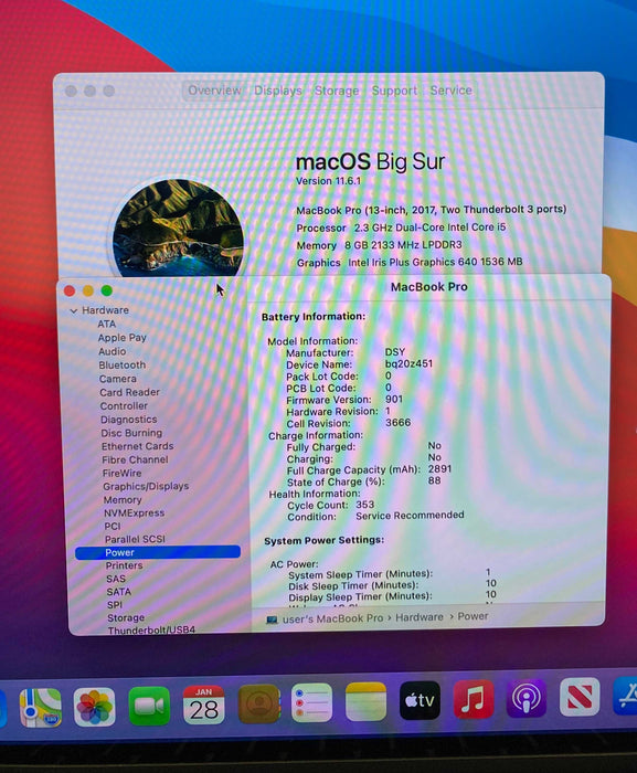 Apple MacBook Pro 13"2017 i5-7360U 8GB 256SSD Battery Service Recommended