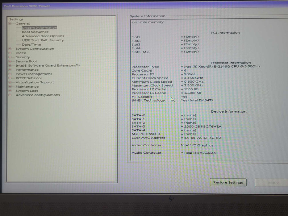 Dell Precision T3630, Xeon E-2146G 3.50GHz 6-Core, 8GB DDR4, 2TB HDD _