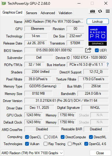 AMD Radeon Pro WX7100 8GB GDDR5 Graphics Card | 4x Display Port