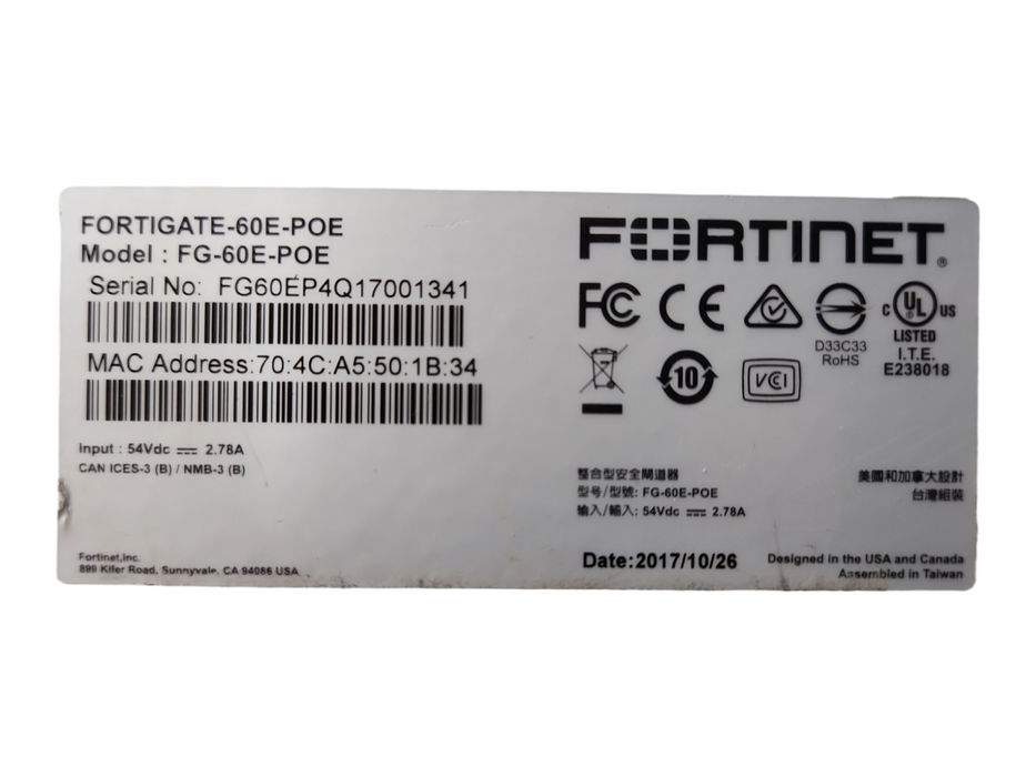 Fortinet FortiGate FG-60E-POE, Network Security-Firewall Appliance, READ