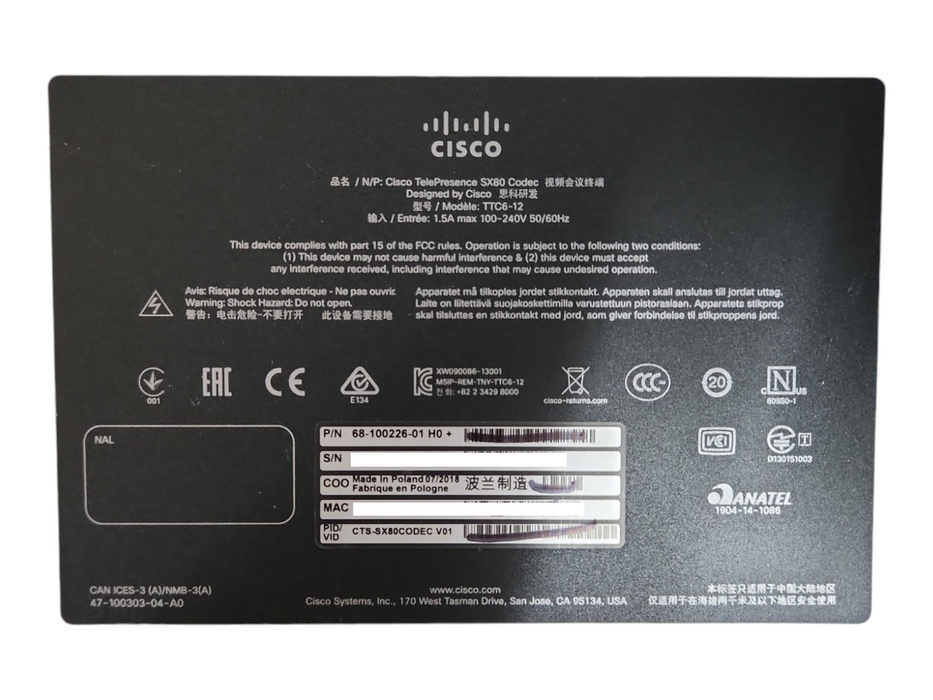 Cisco TelePresence SX80 Codec TTC6-12 CTS-SX80CODEC V01 Conferencing Codec