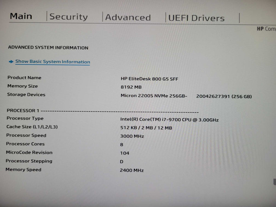 HP EliteDesk 800 G5 SFF, Core i7- 9700 3.00GHz, 8GB DDR4, 256GB Nvme Q_