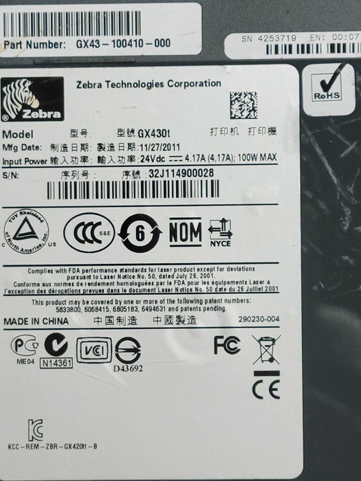 Zebra GX430t GX43-100410-000 Thermal Transfer Barcode Label Printer network _