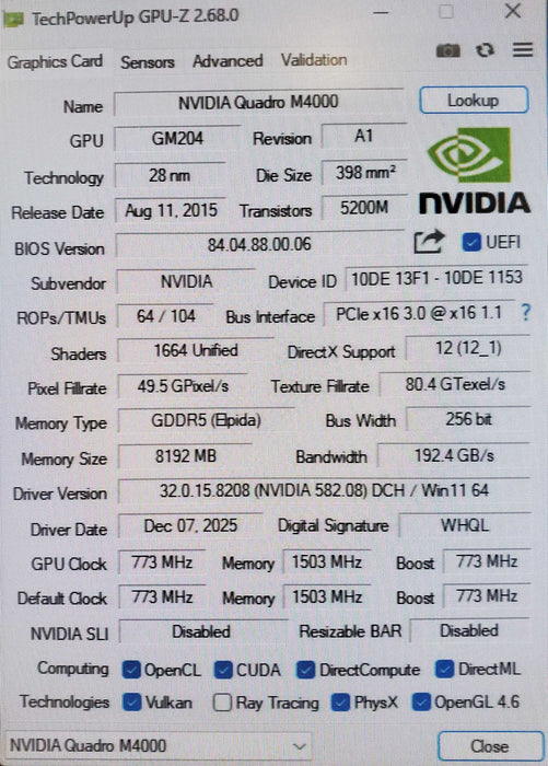 NVIDIA Quadro M4000 8GB GDDR5 Graphics Card - 4xDP Q