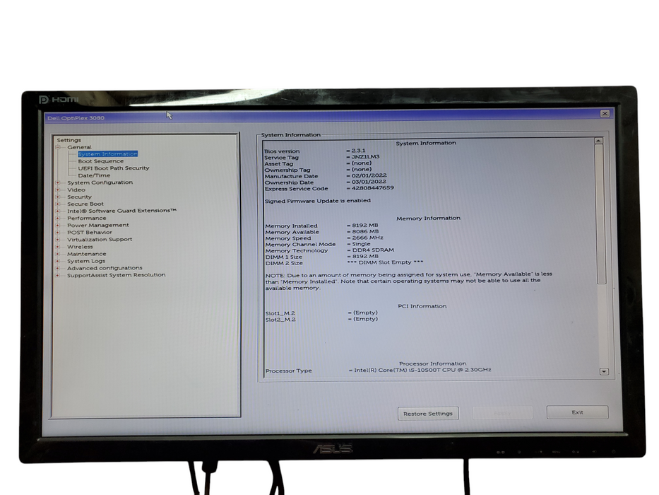 Dell OptiPlex 3080 USFF, i5-10500T, 8GB DDR4, No HDD, No OS
