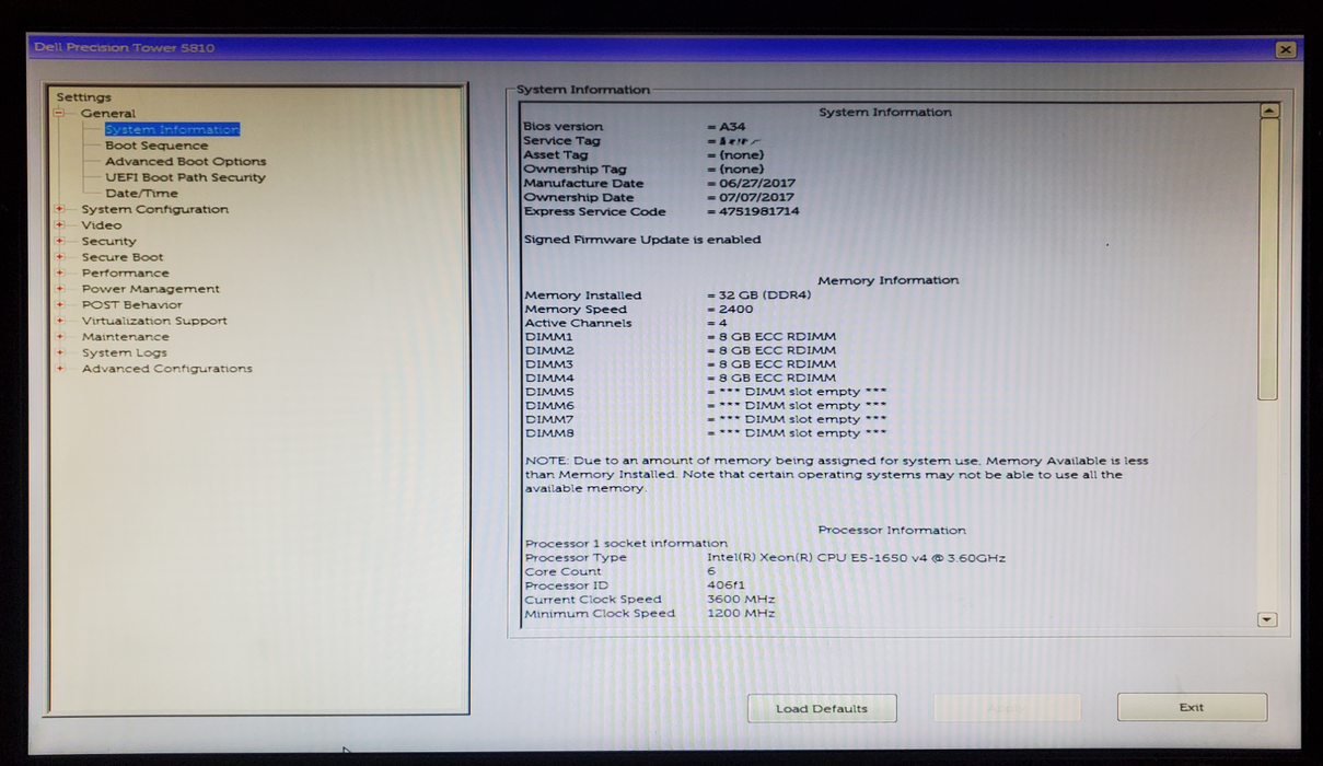 Dell Precision T5810 Xeon E5-1650 v4 32GB DDR4 K2200 - No HDD