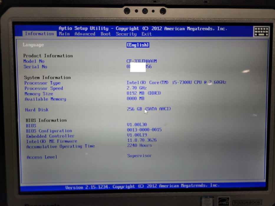 Panasonic ToughBook CF-33 TOUCH i5-7300U 8GB RAM 256GB SSD 2240Hrs Q_ Lap200