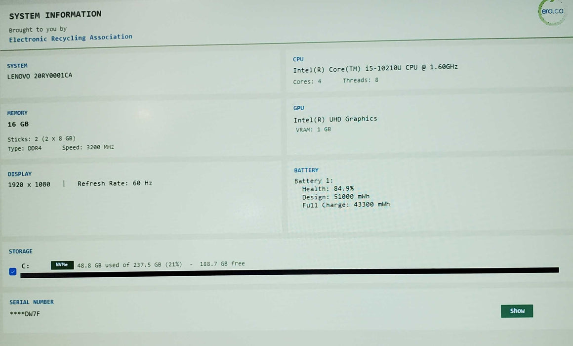 Lenovo ThinkPad T490 Core i5-10210U@1.60GHz 16GB RAM 256GB  Lap200