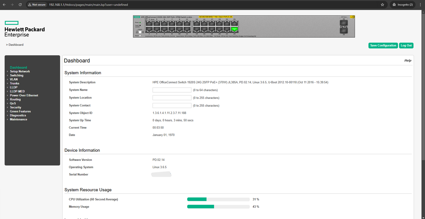 HPE OfficeConnect Switch 1920S 24G 2SFP PoE+ (370W) JL385A