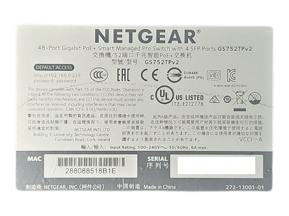 Netgear GS752TPv2 ProSafe 48-Port Gigabit PoE+ Smart Pro Switch