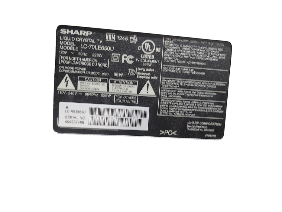 Sharp Aquos Liquid Crystal 70" TV Model: LC-70LE650U =