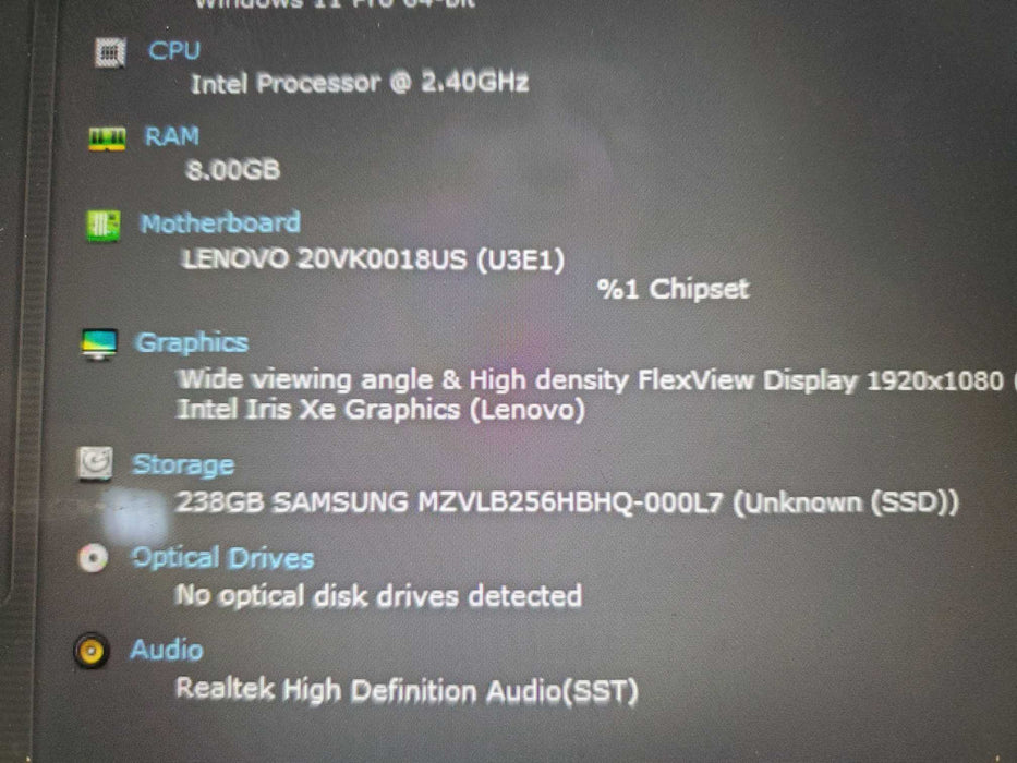 Lenovo ThinkPad L13 Yoga Gen 2 Core i5-1135G7  8GB DDR4 256 GB NVM read  Lap200