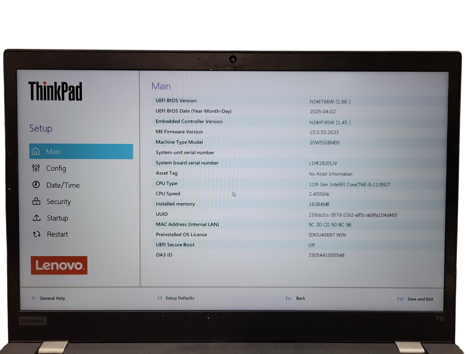 Lenovo ThinkPad T15 Gen 2 Core i5-1135G7@2.4GHz 16GB RAM 256GB SSD ! Lap200