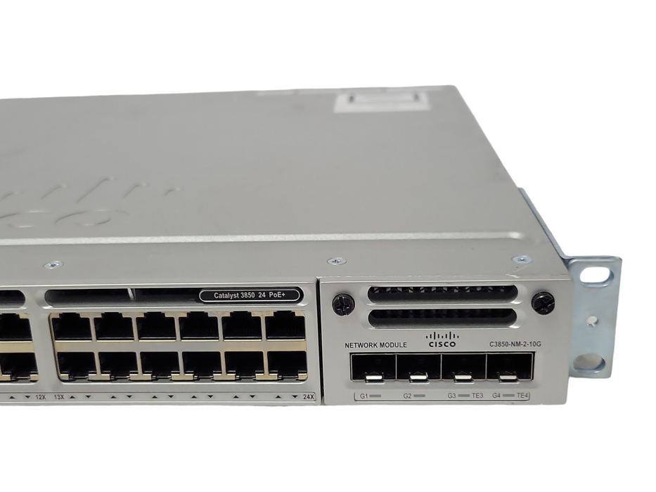 Cisco WS-C3850-24P-S 24 Port Gigabit PoE+ Switch w/ C3850-NM-2-10G, 2x PSU Q_