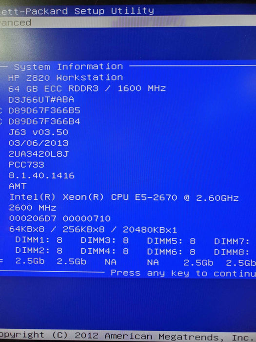 HP Z820 Workstation 1x Xeon E5-2670 64GB DDR3 Quadro k4000 - No HDD
