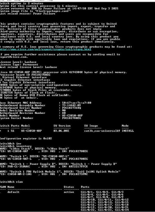 Cisco WS-C3850-48F-L 48 Port PoE+ Gigabit Switch w/ C3850-NM-2-10G, 1x PSU _