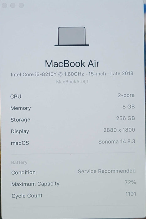 Apple Macbook Air 2018 2-Core i5-8210Y @ 1.6GHz 8GB RAM 256GB SSD (