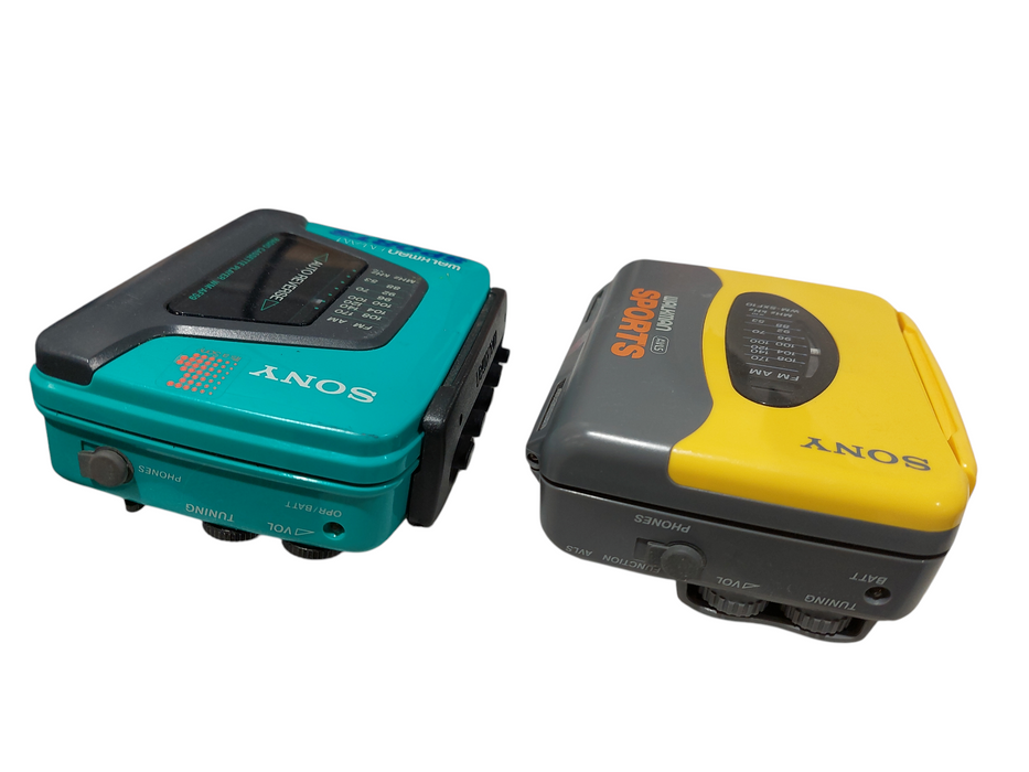 Bundle of 2 Vintage Sony Sports Walkmans Green WM-AF59 & Yellow WM-SXF10 =