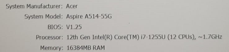 ACER ASPIRE A514-55G - i7-1255U 16GB DDR4 256GB NVMe NVIDIA GeForce MX550 % Lap200