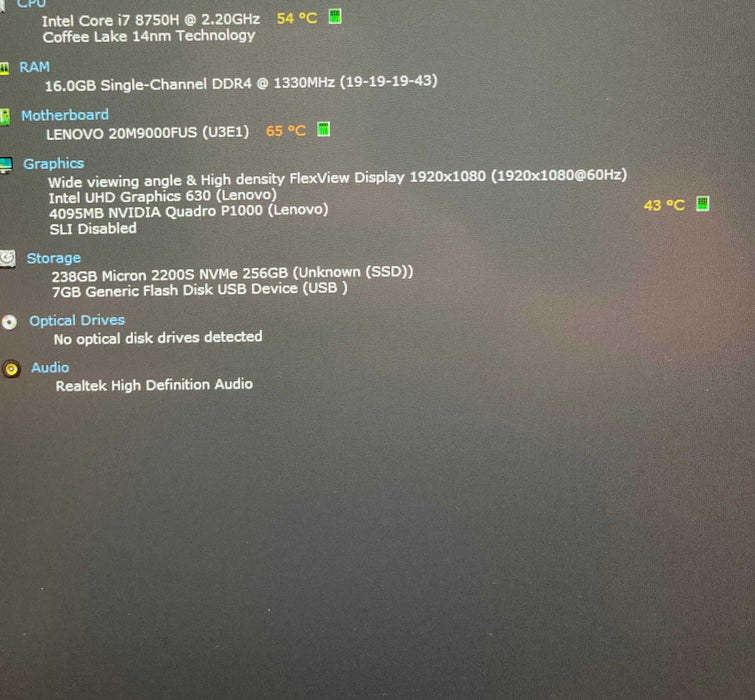 Lenovo ThinkPad P52 i7-8750H@2.2GHz QUADRO P1000 4GB GPU 16GB RAM 256GB SSD Q Lap200