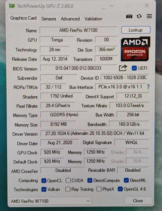 Dell 0KVMR4 AMD FirePro W7100 8GB GDDR5 Graphics Card | 4x DisplayPort )