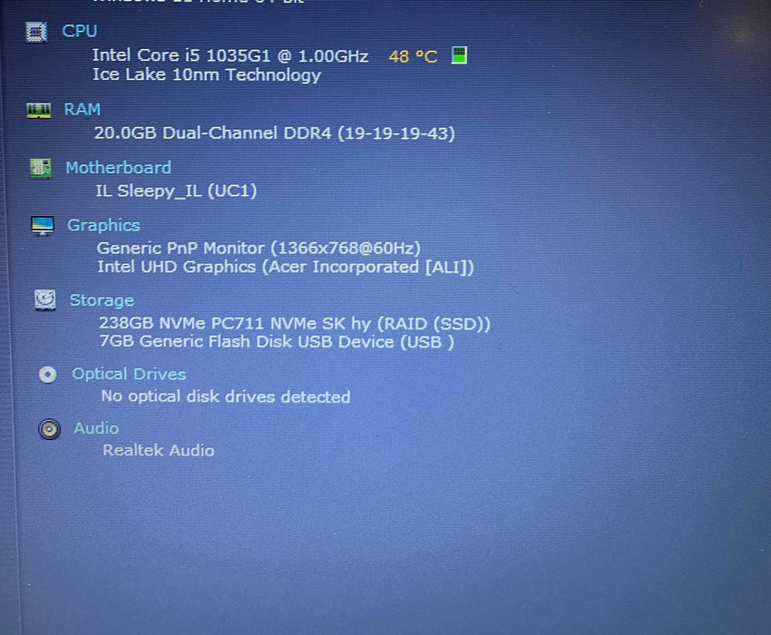 Acer Aspire A315-56 Core i5-1035G1@1.00GHz 20GB RAM 256GB SSD  Lap200