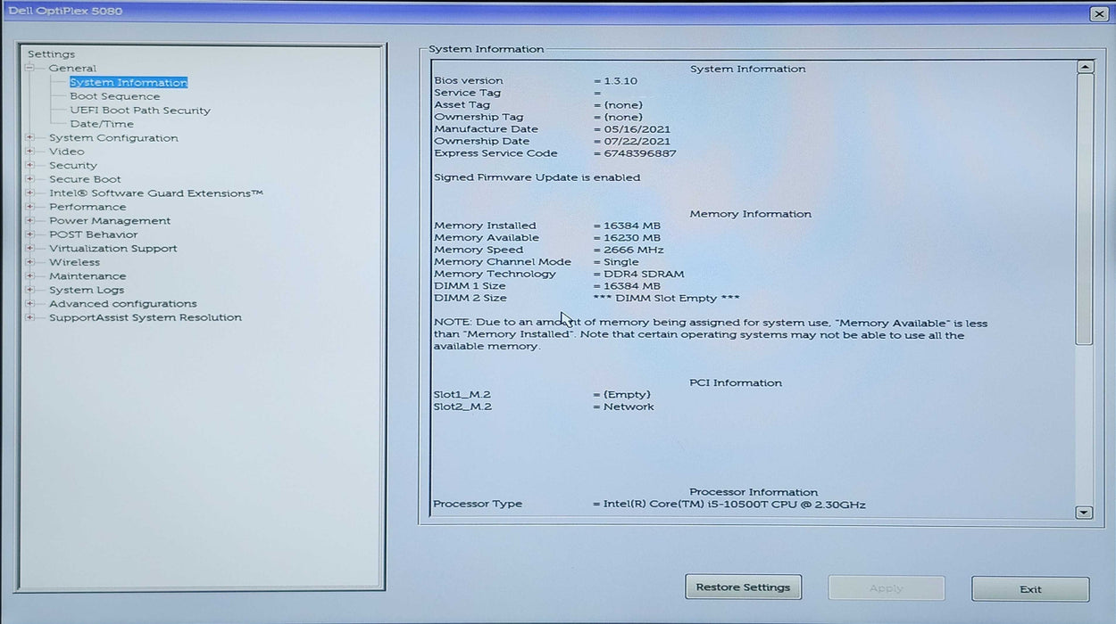 Dell OptiPlex 5080 Micro, i5-10600T 2.40GHz, 16GB DDR4, 256GB NVMe, Wi-Fi