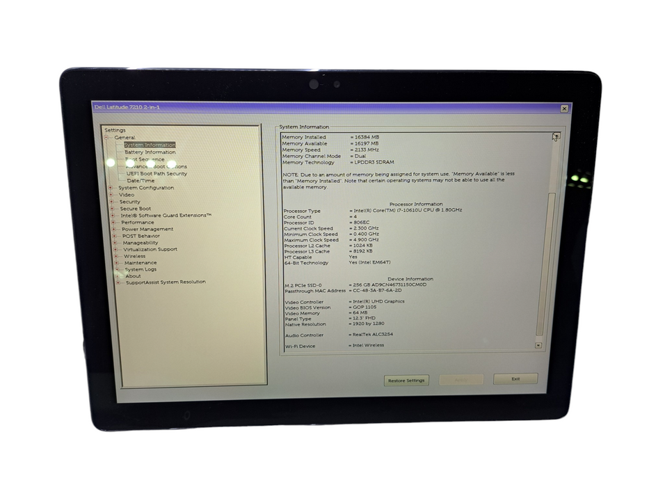 Dell Latitude 7210 2-in1 | Intel i7-10610U @1.80GHz, 16GB RAM, 256GB NVMe ) Lap200