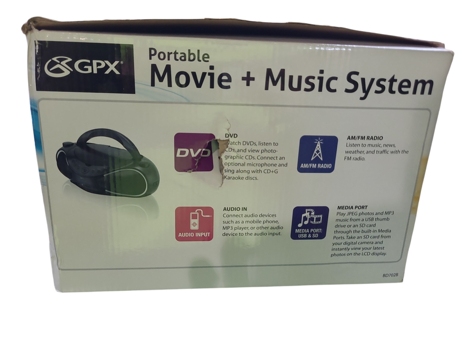 GPX Portable Boombox Music and Movie System 7" LCD Display Model BD702B
