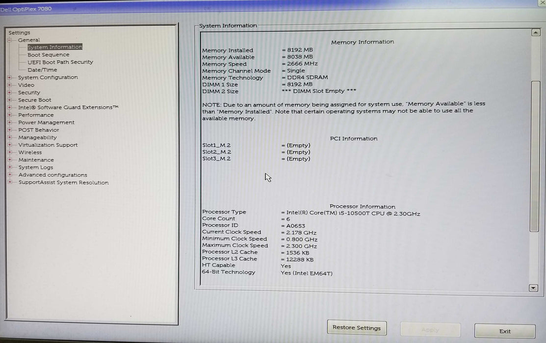 Dell OptiPlex 7080 Micro Intel i5-10500T CPU 2.30GHz 8GB RAM No HDD