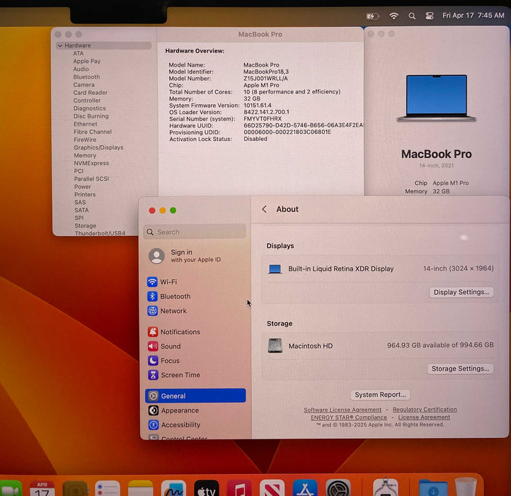 Apple MacBook Pro 14" 2021 M1 Pro 32GB RAM 1TB SSD No Power Adapter