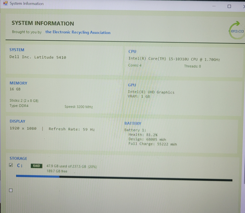 DELL Latitude 5410 i5-1031U @1.70GHz 16GB DDR4 256GB NVMe   Lap200