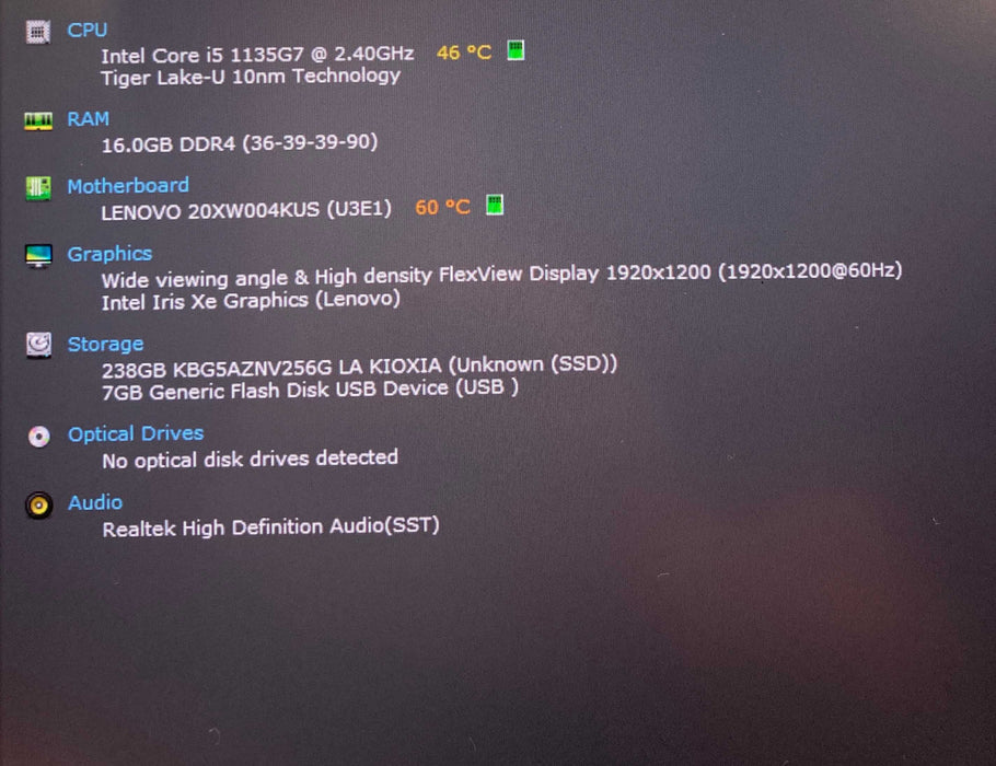 Lenovo ThinkPad X1 Carbon Gen 9 Core i5-1135G7@2.40GHz 16GB RAM 256GB SSD  Lap200