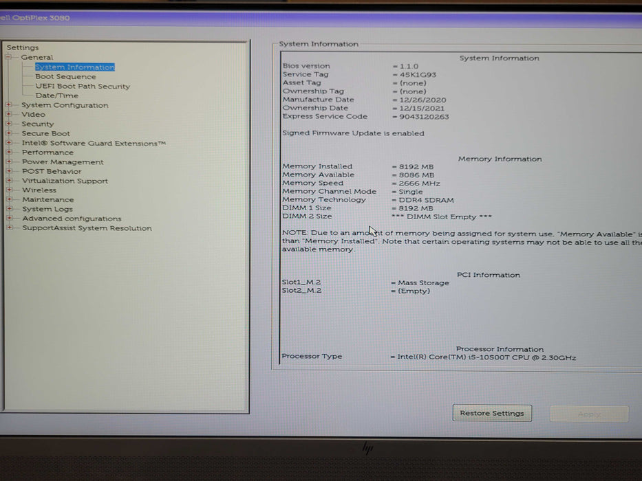 Dell OptiPlex 3080 Core i5-10500T 2.3GHz 8GB RAM 256GB NVme No AC No Wifi  Q_