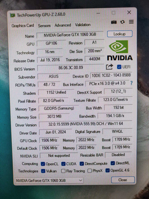 ASUS GTX1060 3GB FOR ASUS ROG GR8 II