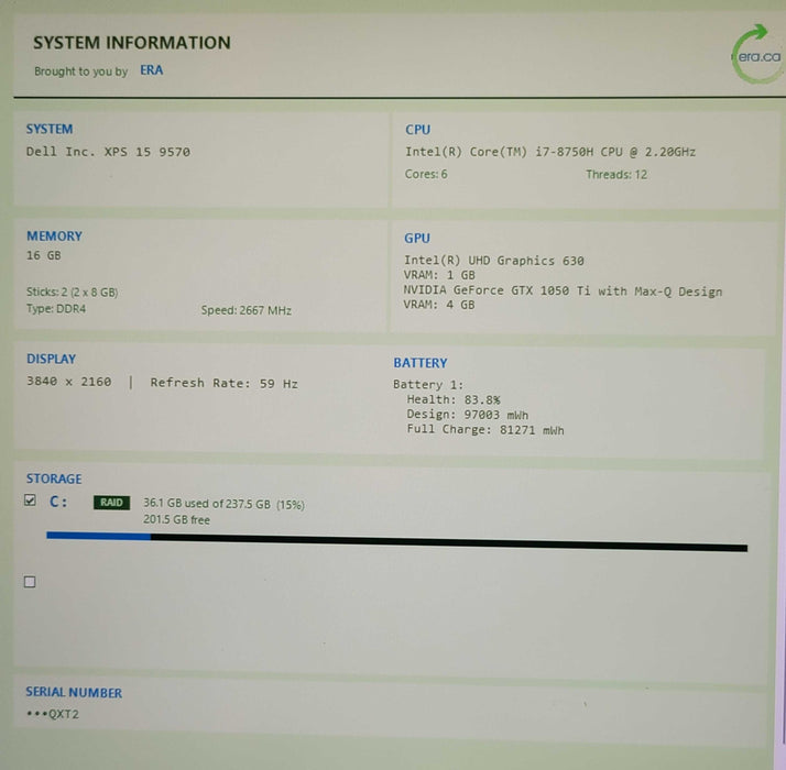 Dell XPS 15 9570 i7-8750H 16GB DDR4 GTX 1050 Ti Max Q 256GB M.2 SD 4K TOUCH β Lap200