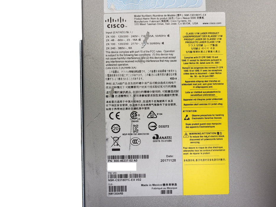 Cisco Nexus N9K-C93180YC-EX 25GbE SFP28 6P 100GbE QSFP28 PE Switch $